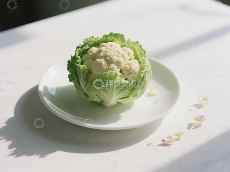 高清大图下载【趣麦麦图】新鲜花椰菜置于白色盘中