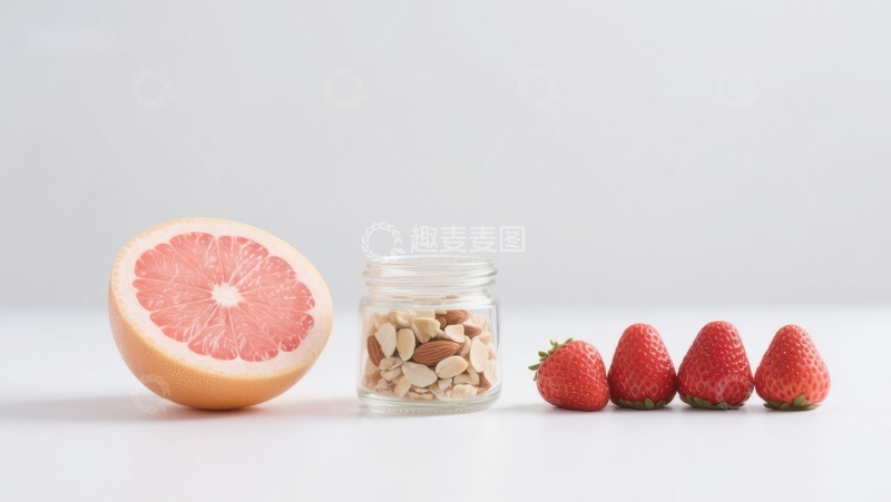 高清大图下载【趣麦麦图】葡萄柚、坚果与草莓的健康组合