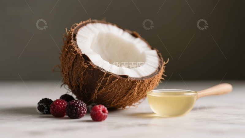 高清大图下载【趣麦麦图】椰子与浆果旁的椰子油