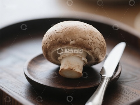 蘑菇置于木质盘中，旁配刀具