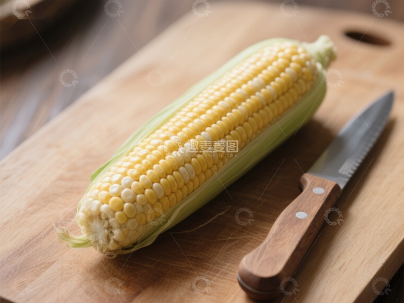 高清大图下载【趣麦麦图】新鲜玉米与刀具置于砧板上
