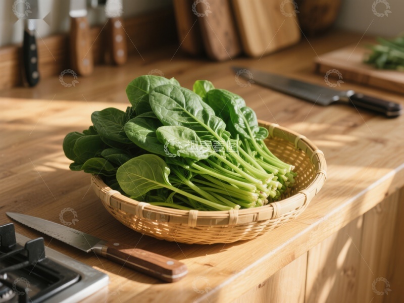 高清大图下载【趣麦麦图】新鲜菠菜置于竹篮厨房台面