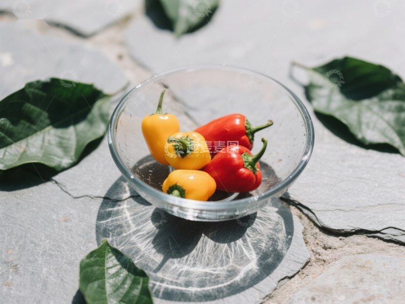 高清大图下载【趣麦麦图】玻璃碗中的彩椒与绿叶