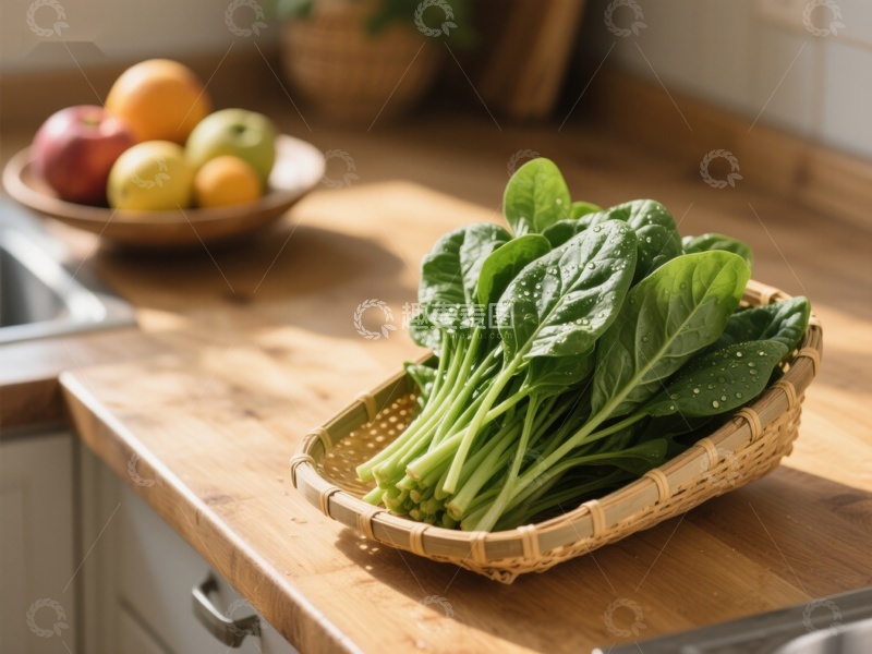 高清大图下载【趣麦麦图】新鲜菠菜置于竹篮中，厨房台面背景