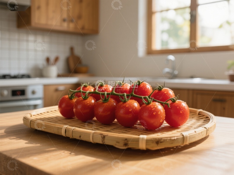 高清大图下载【趣麦麦图】新鲜樱桃番茄置于竹制托盘上