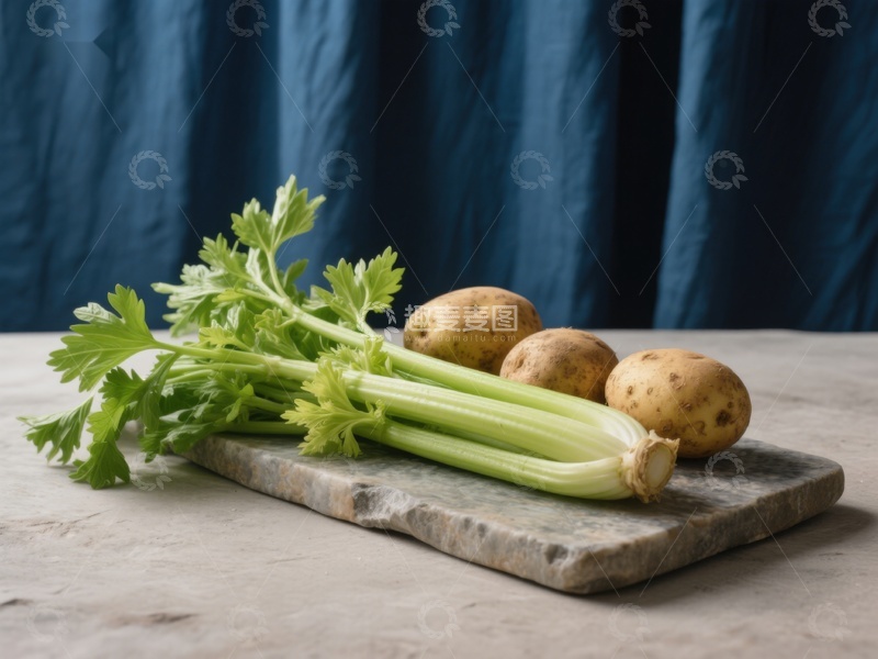 高清大图下载【趣麦麦图】芹菜与土豆静置砧板上