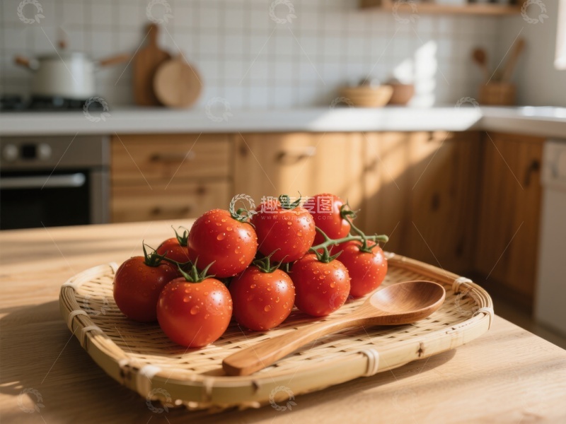 高清大图下载【趣麦麦图】新鲜番茄置于竹制托盘上