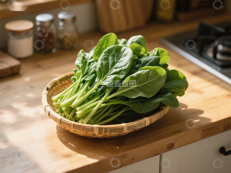 高清大图下载【趣麦麦图】新鲜菠菜置于竹篮厨房台面