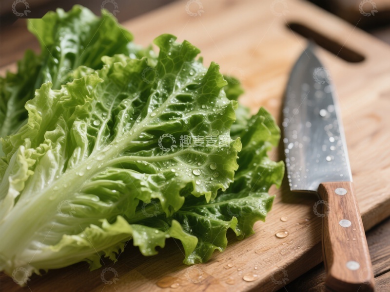 高清大图下载【趣麦麦图】新鲜生菜与木柄刀置于砧板上