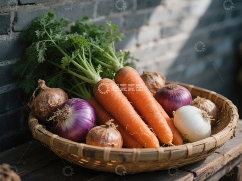 高清大图下载【趣麦麦图】新鲜蔬菜篮：胡萝卜与洋葱