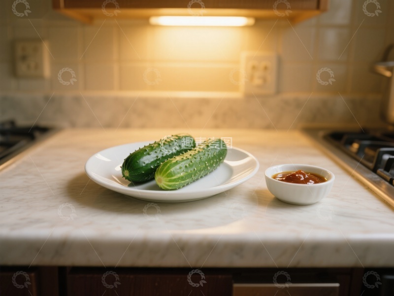 高清大图下载【趣麦麦图】厨房台面上的黄瓜与酱料
