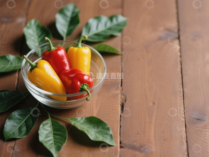 高清大图下载【趣麦麦图】玻璃碗中的彩椒与绿叶
