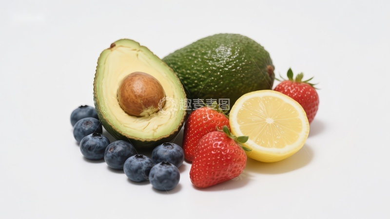 高清大图下载【趣麦麦图】新鲜水果组合：牛油果、蓝莓、草莓与柠檬