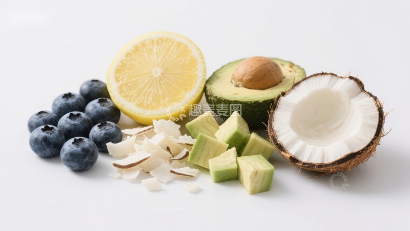 高清大图下载【趣麦麦图】新鲜水果组合：蓝莓、柠檬、牛油果与椰子