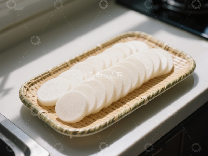 高清大图下载【趣麦麦图】切片萝卜置于竹编托盘