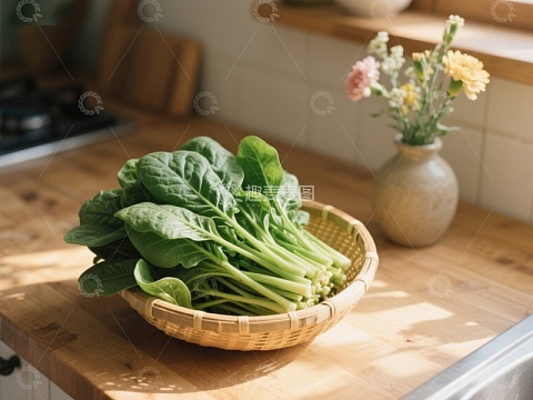 厨房台面上的青菜与花瓶