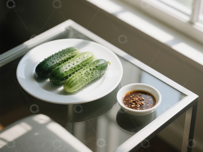 高清大图下载【趣麦麦图】盘中黄瓜配蘸料，简洁餐桌布置