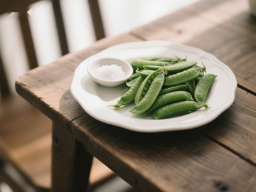 新鲜豌豆荚与盐碟置于木桌