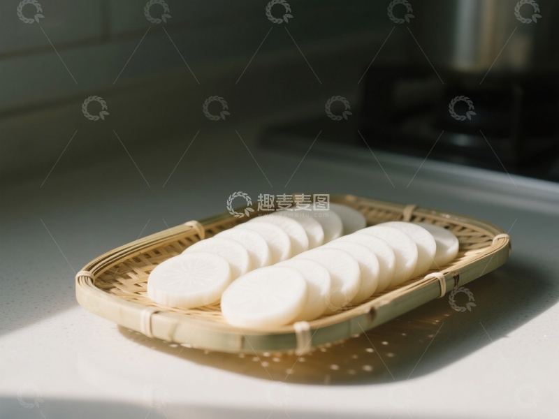 高清大图下载【趣麦麦图】竹篮中的白色圆形食品