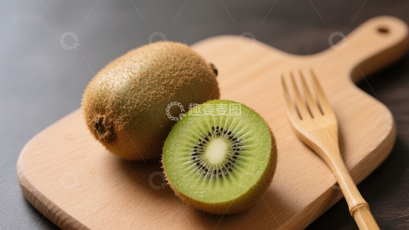 高清大图下载【趣麦麦图】新鲜猕猴桃切片与木质砧板
