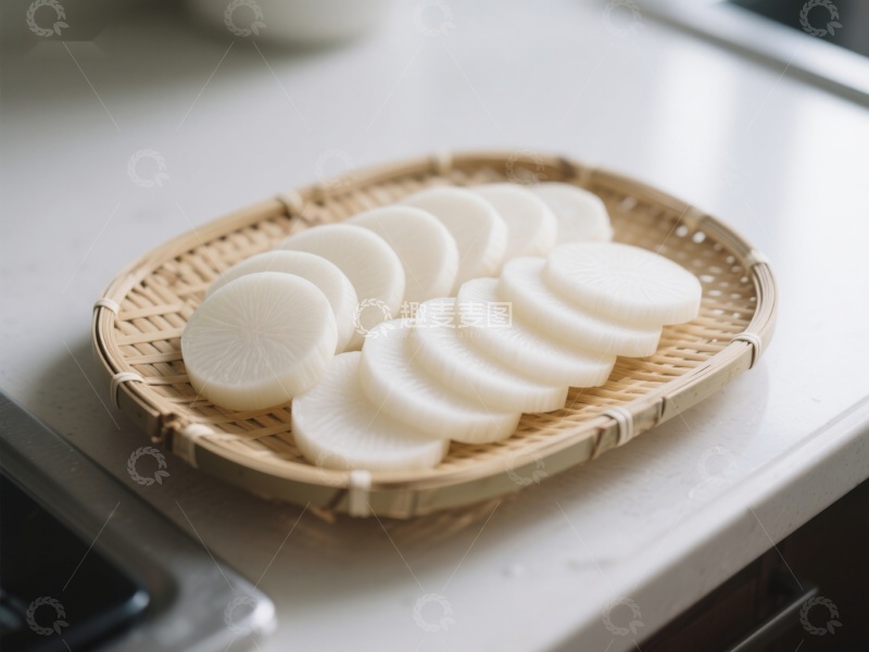 高清大图下载【趣麦麦图】切片白萝卜置于竹篮中