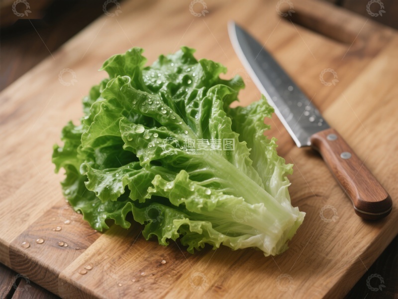 高清大图下载【趣麦麦图】新鲜生菜与刀具置于木砧板上