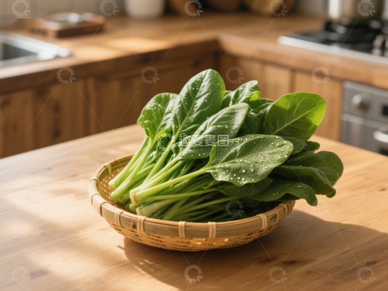 高清大图下载【趣麦麦图】新鲜菠菜置于竹篮中