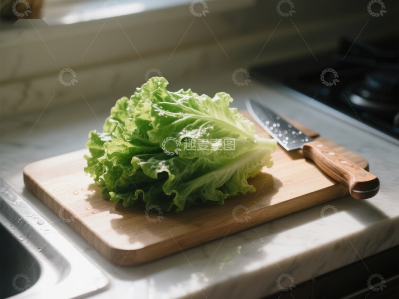 高清大图下载【趣麦麦图】生菜置于砧板上，厨房光线柔和