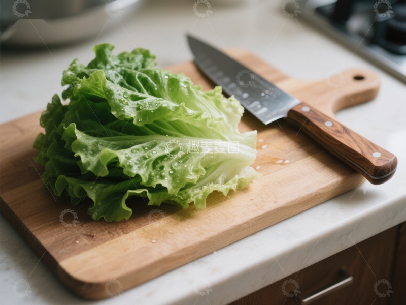 高清大图下载【趣麦麦图】生菜与刀具置于砧板上