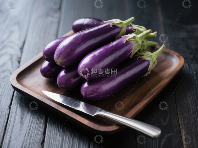 高清大图下载【趣麦麦图】新鲜茄子置于木质托盘