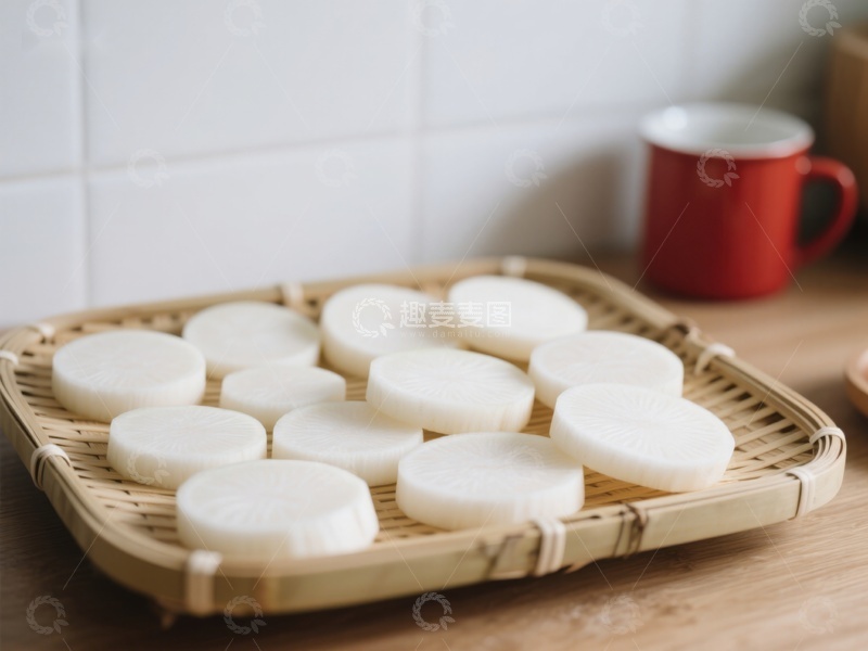 高清大图下载【趣麦麦图】竹篮中的白色圆形糕点