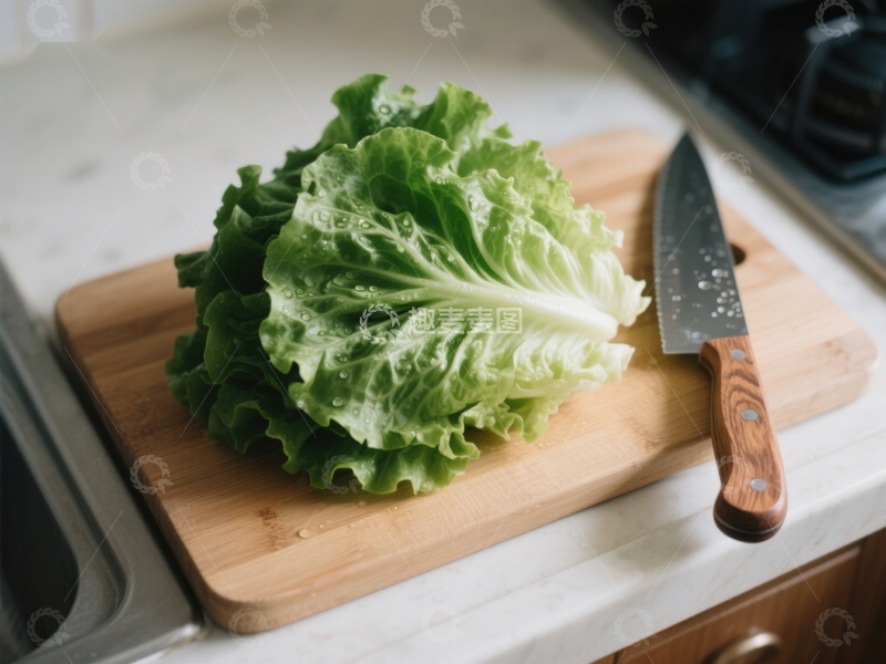 高清大图下载【趣麦麦图】新鲜生菜置于木制砧板上
