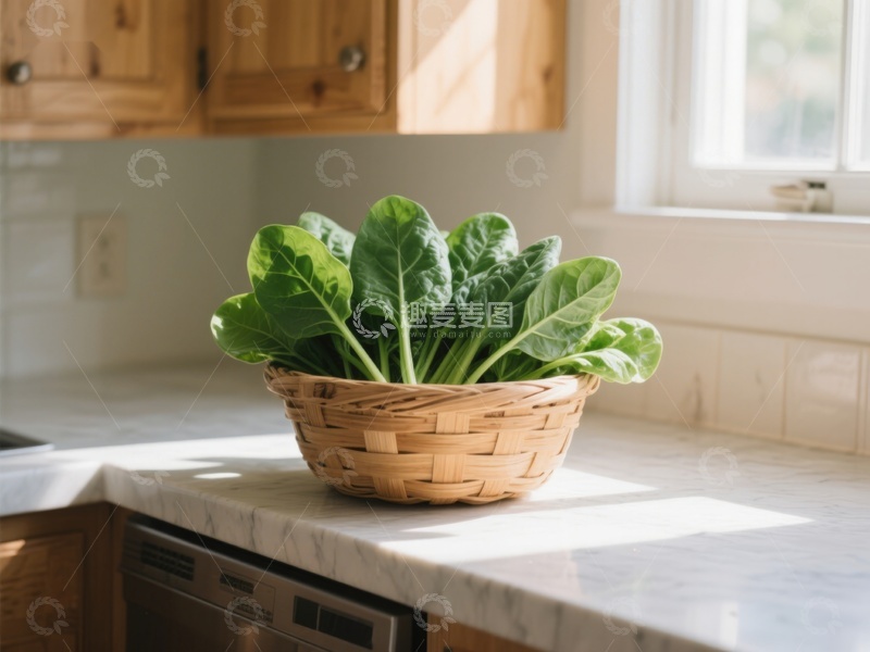 高清大图下载【趣麦麦图】厨房台面上的篮装绿叶蔬菜
