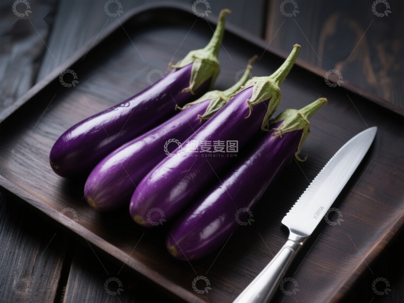 高清大图下载【趣麦麦图】紫茄子与刀置于木质托盘