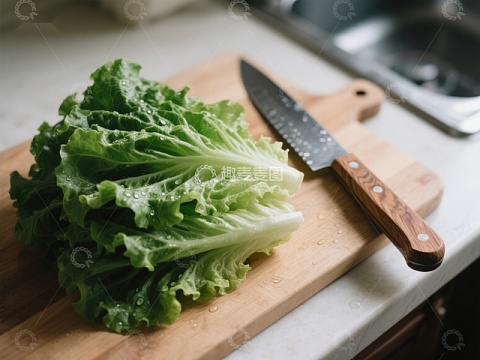 生菜与刀具置于砧板之上