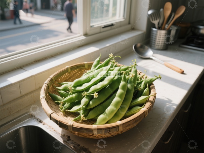 高清大图下载【趣麦麦图】窗边竹篮里的新鲜豆荚