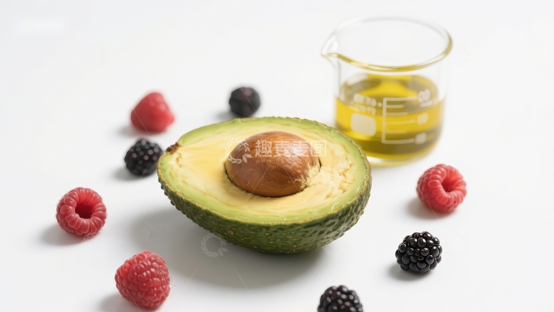 高清大图下载【趣麦麦图】牛油果与浆果环绕实验室烧杯