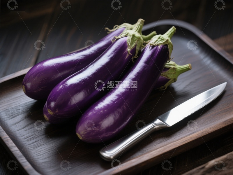 高清大图下载【趣麦麦图】深紫色茄子与刀具置于木质托盘
