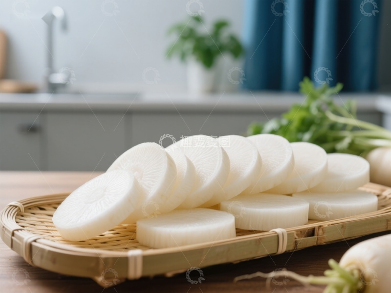 高清大图下载【趣麦麦图】新鲜萝卜切片摆放在竹制托盘上