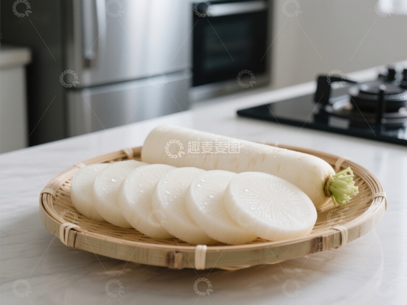 高清大图下载【趣麦麦图】切片白萝卜置于竹盘中
