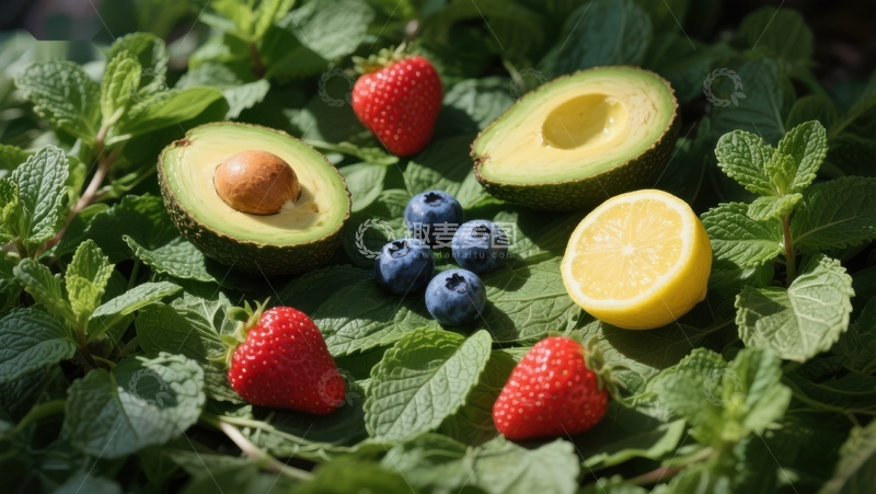 高清大图下载【趣麦麦图】新鲜水果与绿叶的自然组合