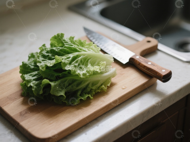 高清大图下载【趣麦麦图】生菜与刀置于砧板上
