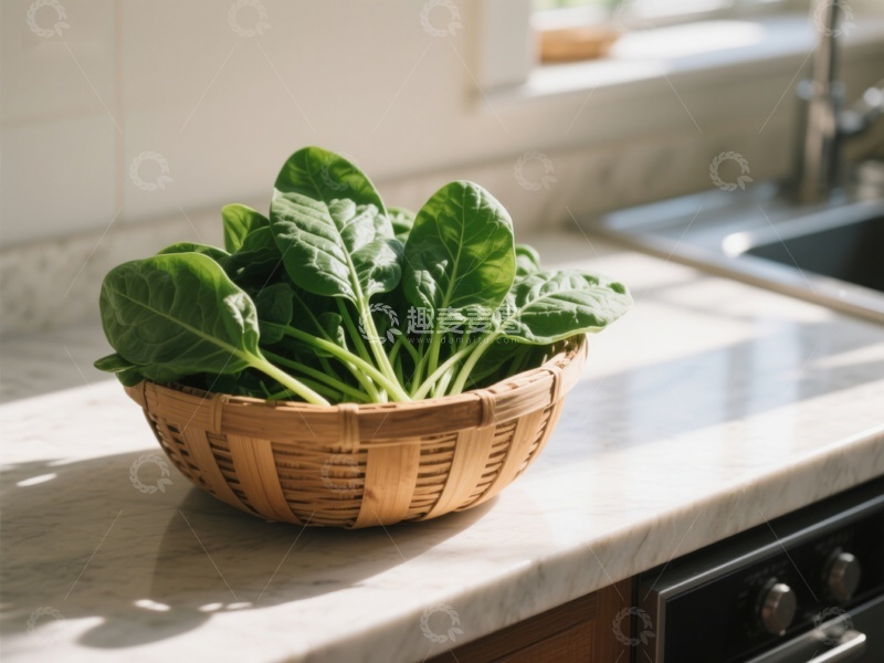 高清大图下载【趣麦麦图】厨房台面上的菠菜篮