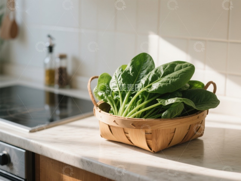 高清大图下载【趣麦麦图】厨房台面上的篮装新鲜菠菜