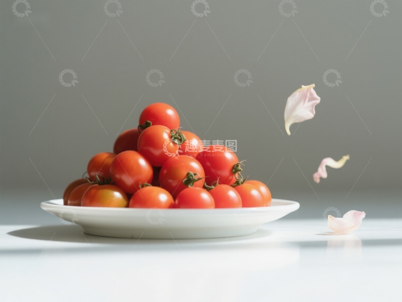 高清大图下载【趣麦麦图】盘中樱桃番茄与飘落花瓣