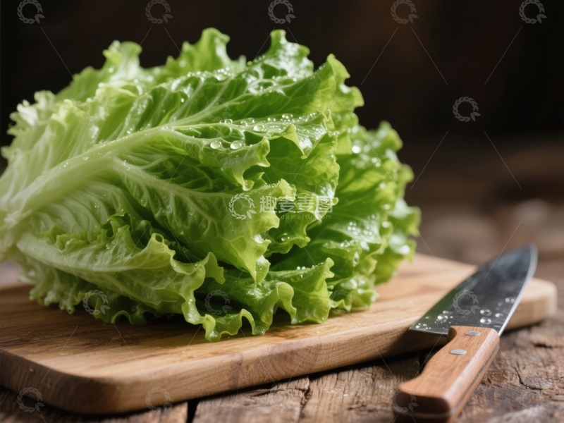 高清大图下载【趣麦麦图】新鲜生菜置于木制砧板上