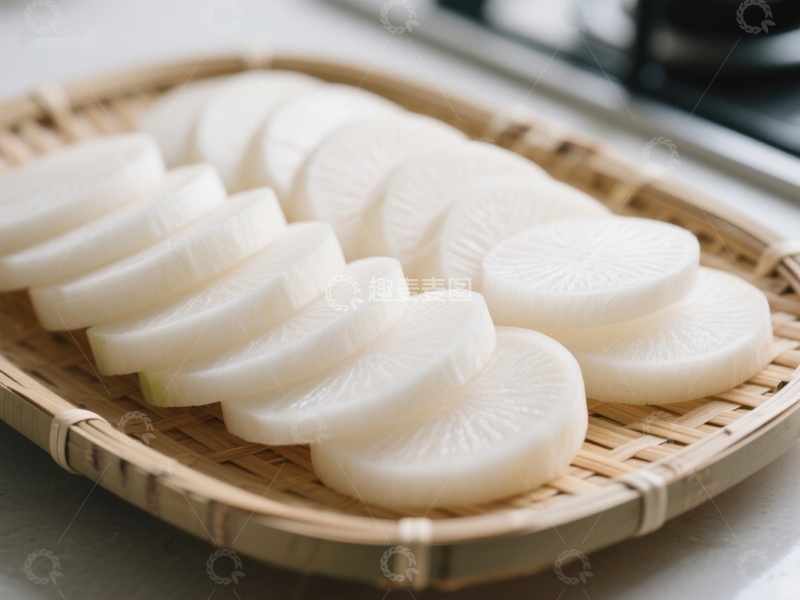 高清大图下载【趣麦麦图】切片白萝卜置于竹篮