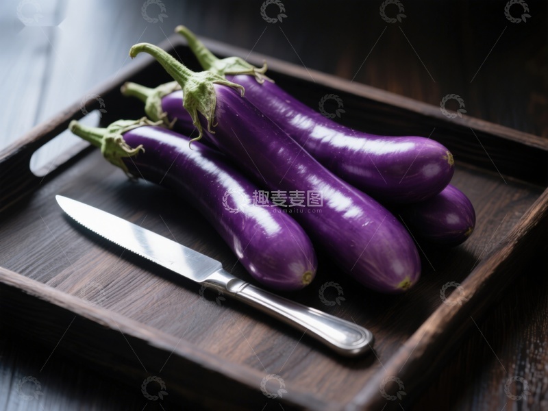 高清大图下载【趣麦麦图】紫茄子与刀置于木质托盘
