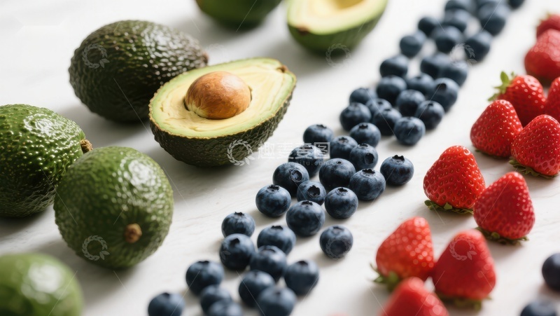 高清大图下载【趣麦麦图】新鲜水果排列：牛油果、蓝莓与草莓