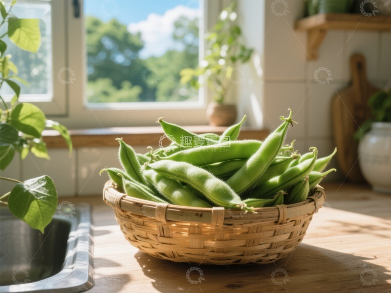 高清大图下载【趣麦麦图】窗边篮子里的新鲜豆荚